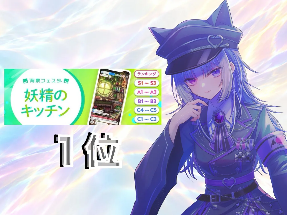 IRIAM のイベント「背景フェスタ 妖精のキッチン」の結果。1位。右に、銀色の長い髪に猫耳の付いた軍帽をかぶり、黒い軍服を着た愛瀬