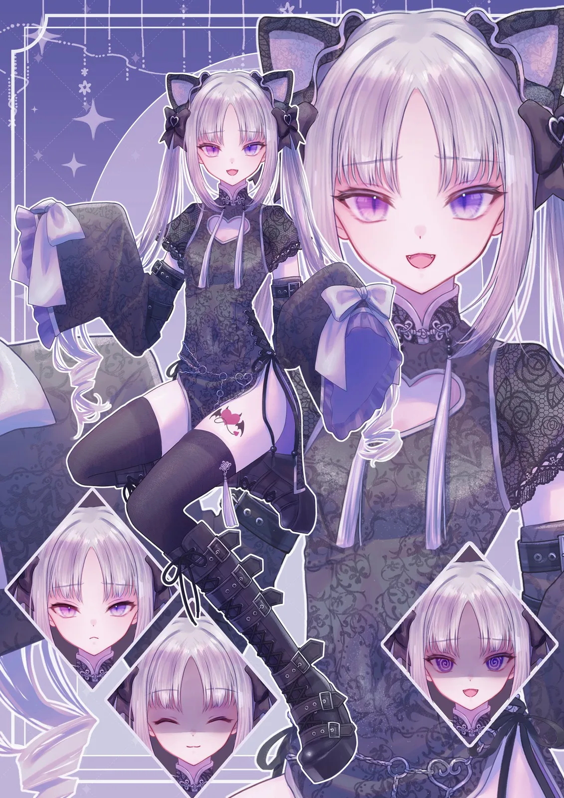 愛瀬の立ち絵。銀髪のツインテールに猫耳の髪飾り、黒いレースのチャイナ服と編み上げのブーツ姿の全身に、顔のアップと表情の差分を重ねた設定画